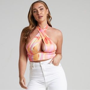 REECE CUT OUT CROSS HALTER NECK CROP TOP IN MULTI